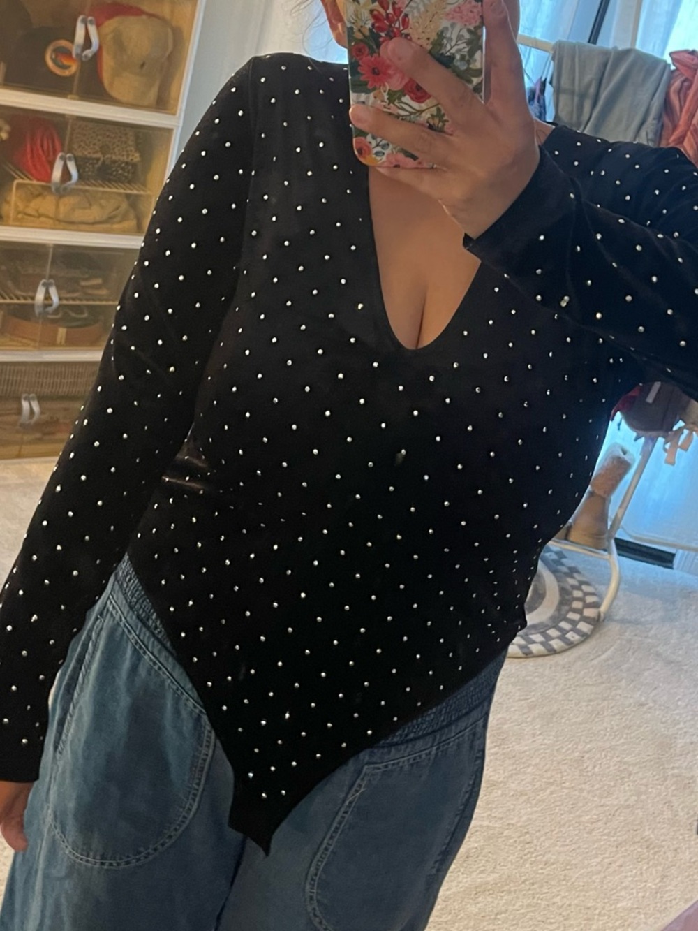 H&M Black V-Neck Rhinestone Bodysuit